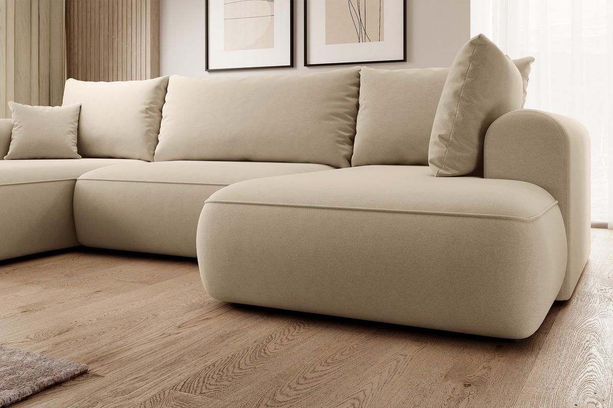 WOHNLANDSCHAFT Ovo Beige Velours - Beige/Schwarz, Textil (380/95/167cm) - Selsey