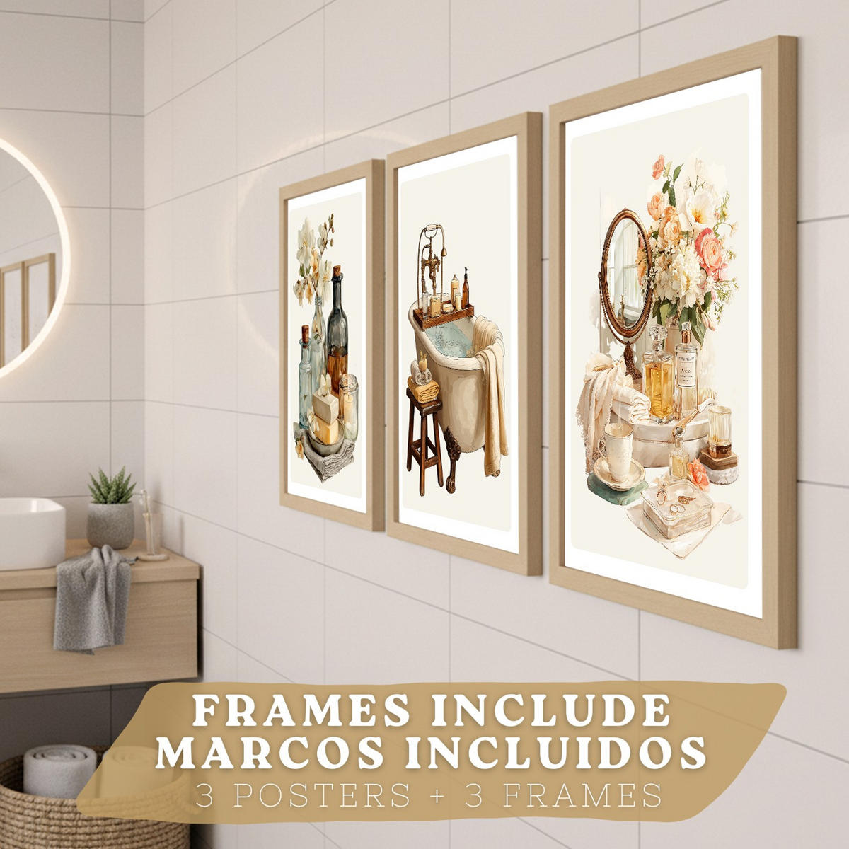 POSTER 3er-Set dekorative Badezimmer-Wandbilder und, Vintage-Stil für Waschbecken, Dusche, WC mit Badewanne, Blumen und Spiegel Leichter Holzrahmen A3 - Beige, Papier (42/29.7/3cm) - Nacnic