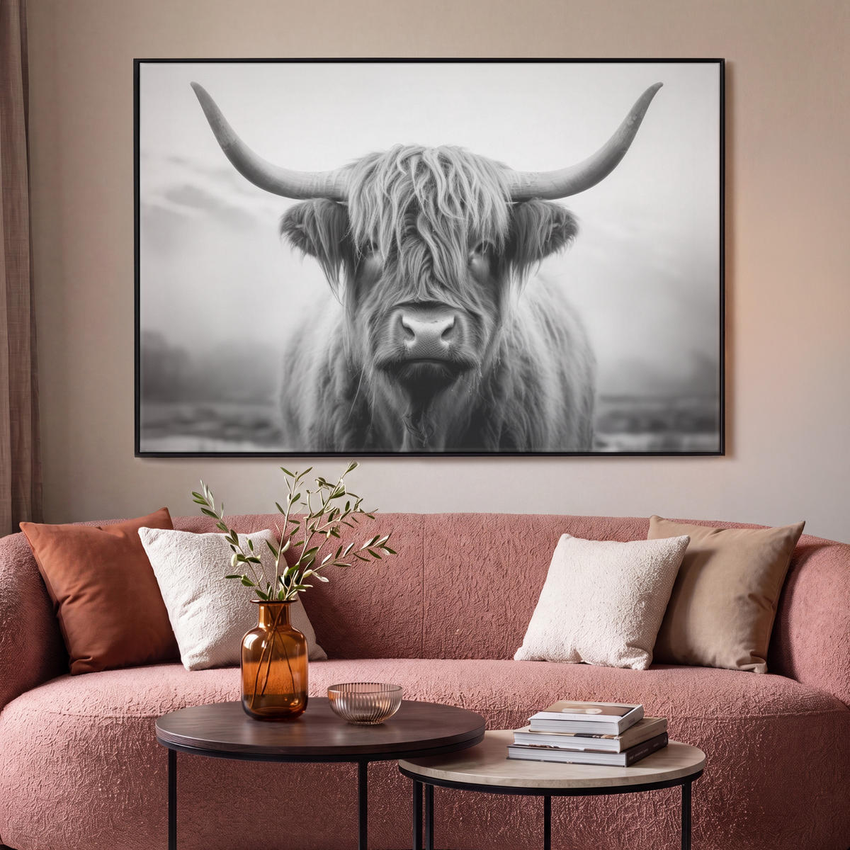 LEINWAND Bilder mit Rahmen - Schottischer Highlander - Nebel - Schwarz - Weiß - 150x100 - Grau, Textil (150/100cm) - MuchoWow