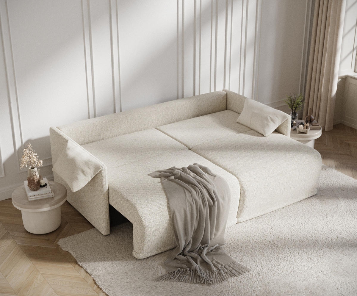 SCHLAFSOFA MIT ECKSOFA-FUNKTION Nappa Creme Plüschstoff - Creme/Schwarz, Holz/Holzwerkstoff (215/100/112cm) - Maison de Reve