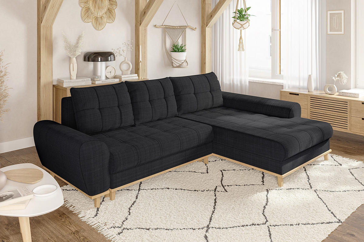 ECKSOFA im Scandi-Stil, Schlaffunktion, Bettkasten B268/T175/H86 cm, Ottomane rechts, Liegefl. 128x209 cm, Bouclé Chenille Stoff in Anthrazit / 21011 - Eichefarben/Anthrazit, Holz/Textil (268/175cm) - luma-home