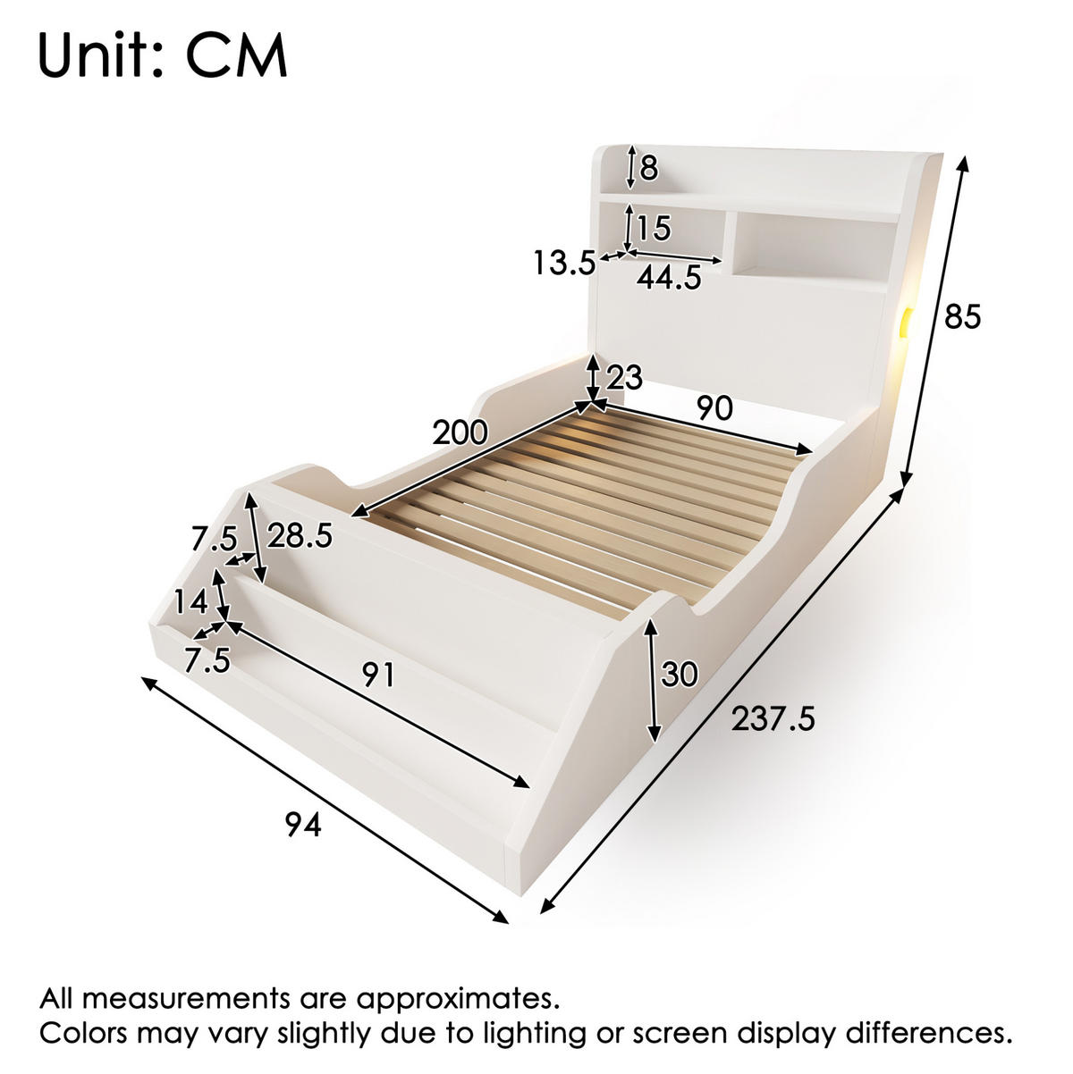 KINDEREINZELBETTEN aus Holz 90x200 cm in Weiß mit Nachtlichtern & Bücherregal - Weiß, Holz (90/200cm) - Modfu