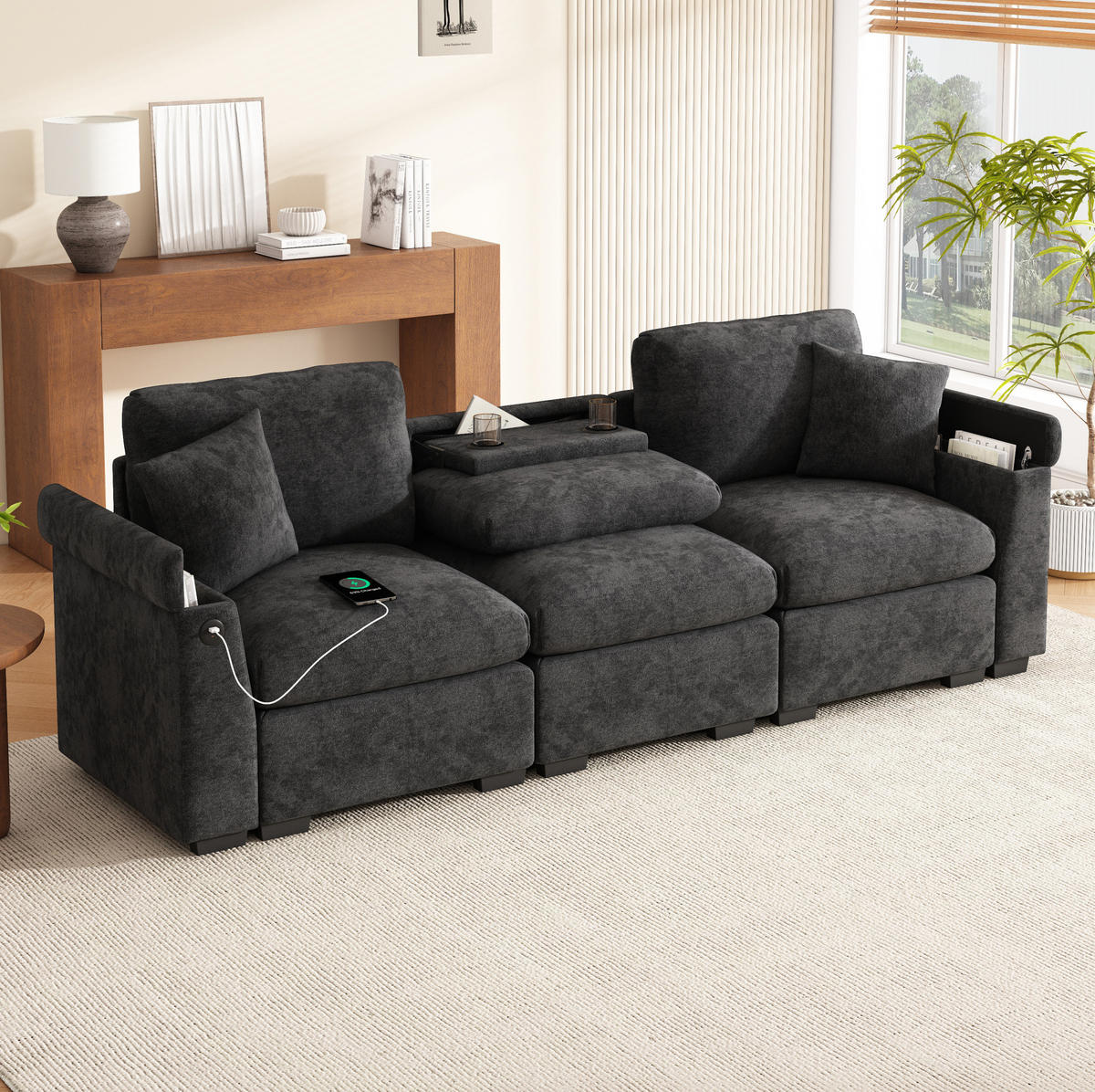 3-SITZER Sofa Chenille mit Klapptisch USB-Anschluss und Stauraum 242/80/88 cm Grau - Grau, Kunststoff/Textil (80/88/242cm) - Redom