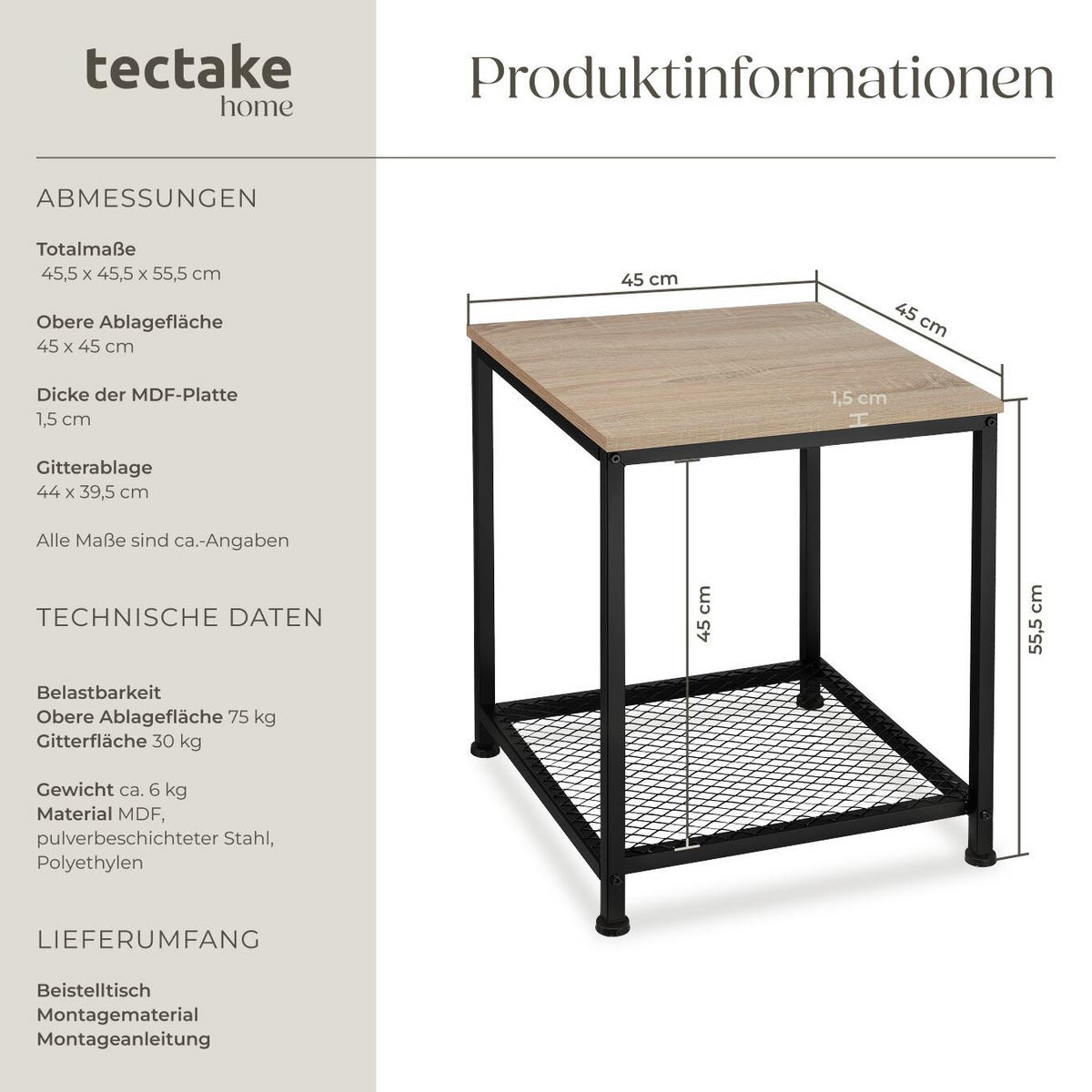 BEISTELLTISCH Derby,45,5 x 45,5 x 55,5 cm,Industrial Holz hell, Eiche Sonoma - Naturfarben, Holz (45.5/45.5/55.5cm) - tectake