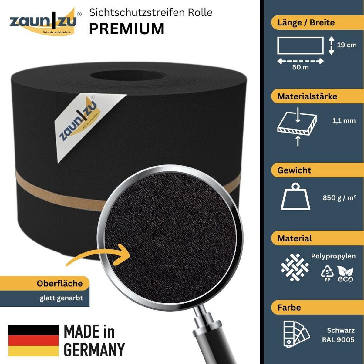 SICHTSCHUTZSTREIFEN Premium für Doppelstabmatten Zaunblende Schwarz, 50m - Schwarz, Kunststoff (5000/19cm) - ZAUN|ZU
