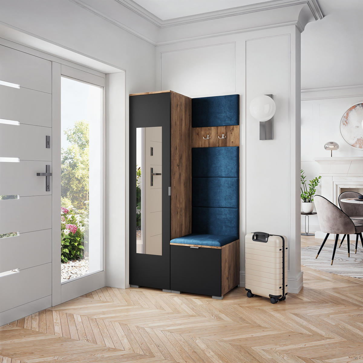 GARDEROBENSCHRANK VIRA 95/181/51 cm Modern Garderobe-Set Eiche Lefkas - Blau/Eichefarben, Holzwerkstoff (95/181/51cm) - MASSENO