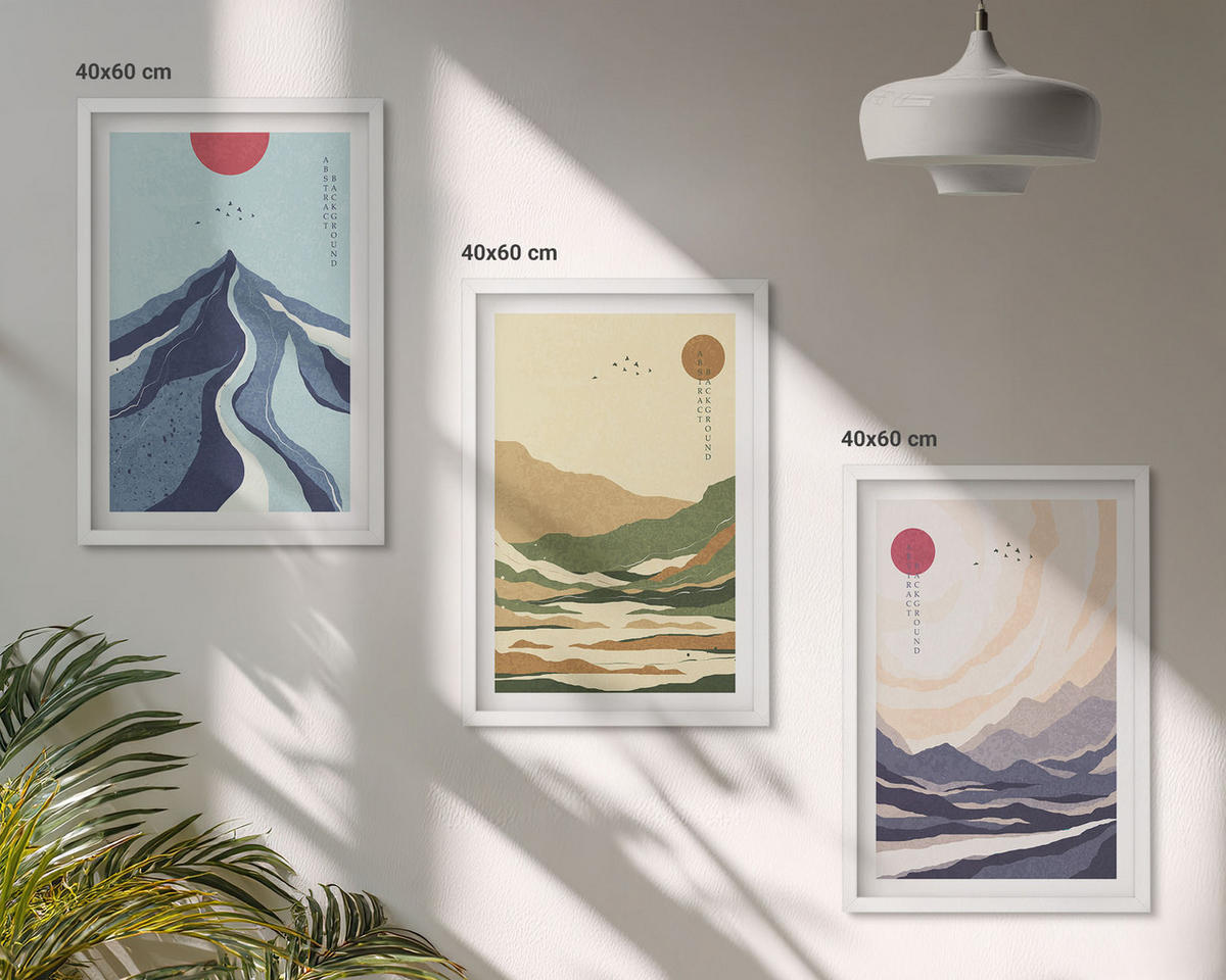 BILDER SET 3er Set - 40x60 cm Weißer Rahmen - Pastellfarbene Berge im Japandi-Stil - Weiß, Kunststoff (40/60cm) - TULUP