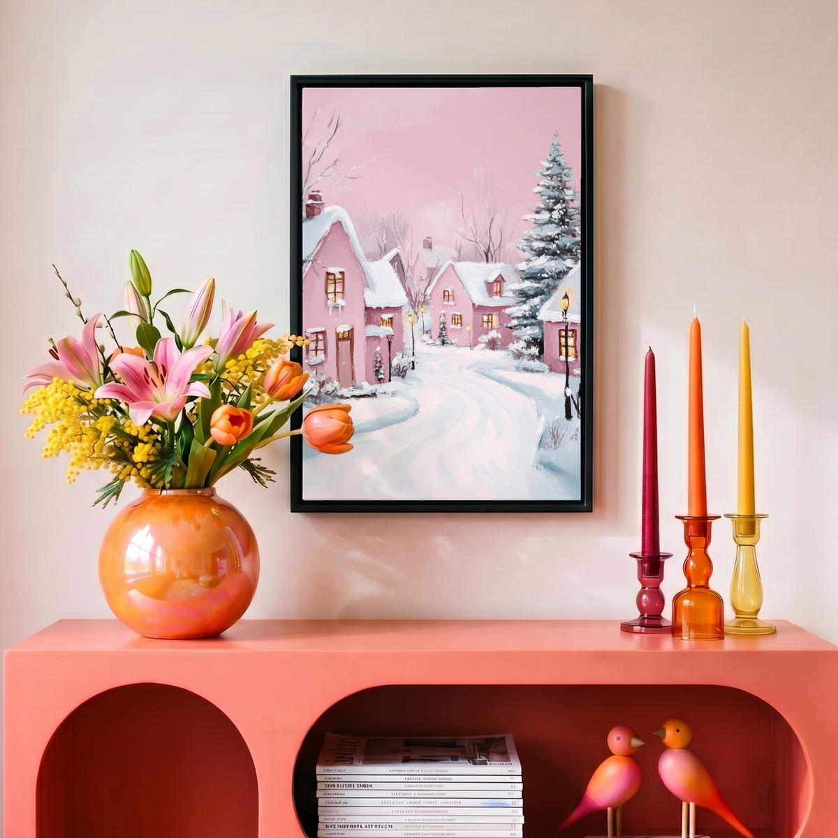 LEINWAND Bilder mit Rahmen - Weihnachtsdorf - Rosa - Winter - Schnee - Häuser - 20x30 - Altrosa, Textil (20/30cm) - MuchoWow