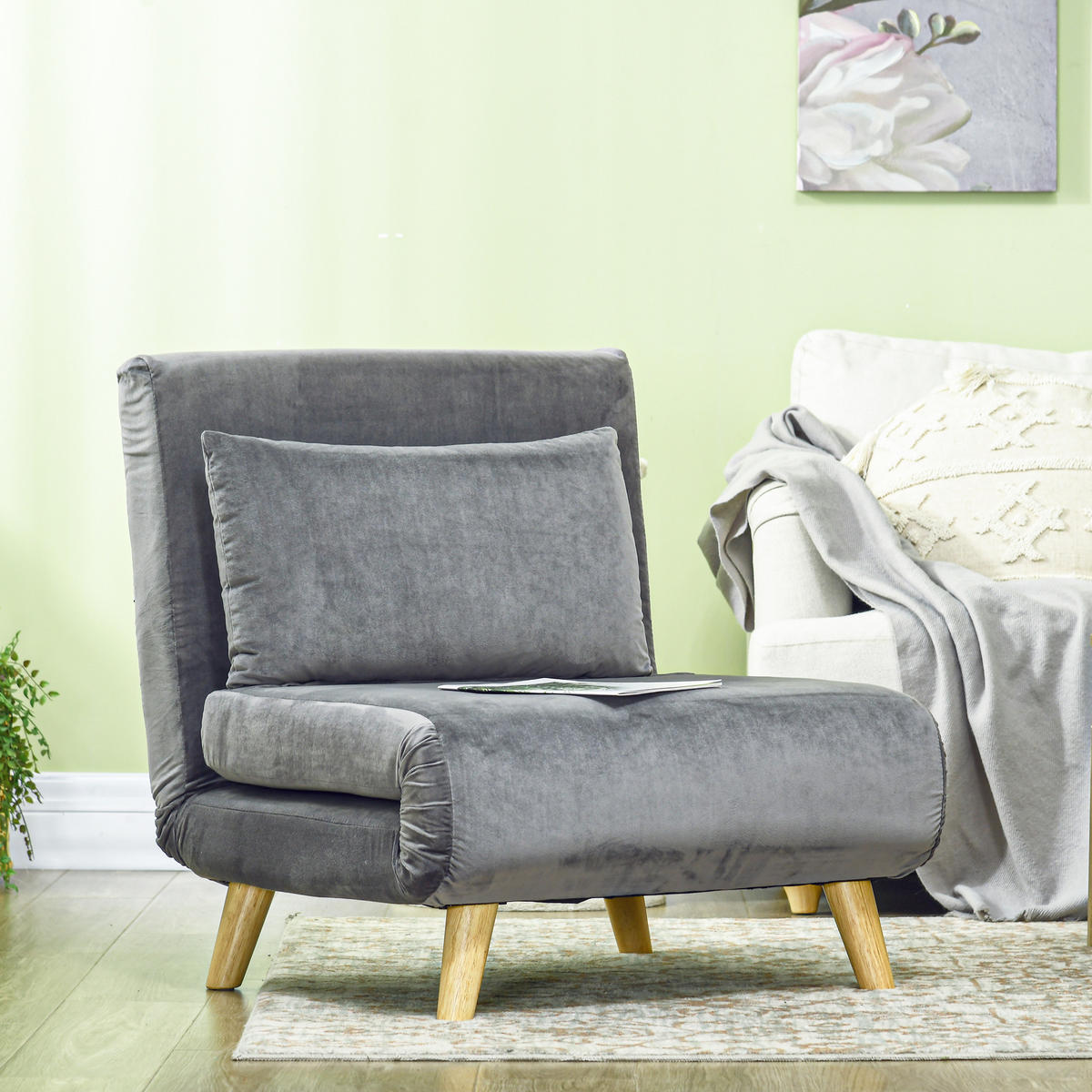 SCHLAFSESSEL, Klappsessel mit Bettfunktion, Schlafsofa mit Kissen, Samt, Grau - Naturfarben/Grau, Holz/Textil (78/79/72cm) - HOMCOM