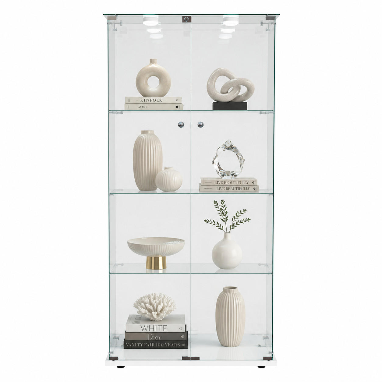 LED-VITRINE, 4-stufig mit Doppeltüren, Weißrahmen - Weiß, Glas (78.5/163/35cm) - Joyfair