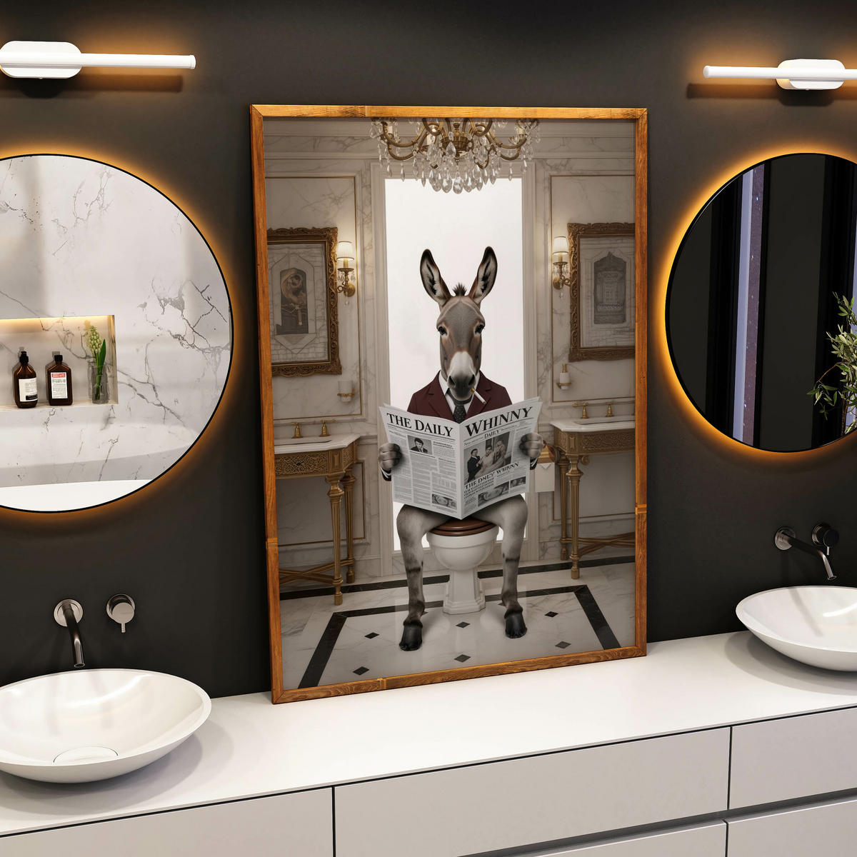 POSTER für Badezimmer WC ESEL im Anzug auf Toilette mit Zeitung Glamour 50x70cm - Beige/Schwarz, Papier (50/70/70cm) - Muralo