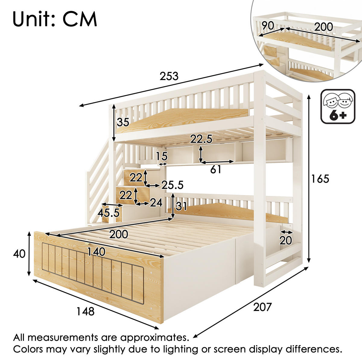 ETAGENBETT 160/200 cm weiß/natur aus Holzwerkstoff mit Stauraum und USB-C - Weiß, Holzwerkstoff (90/200cm) - OKWISH