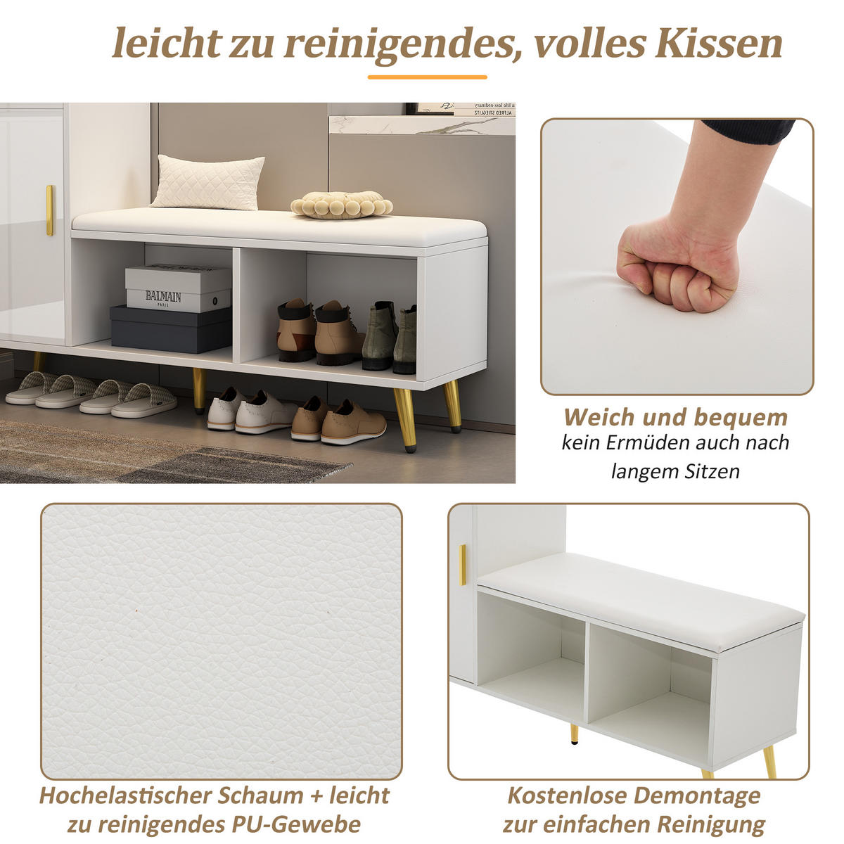 SCHUHSCHRANK Weiß Gold Sitzbank Hochglanz Stauraum Flur - Weiß, Holzwerkstoff (35/71.5/120cm) - FLIEKS