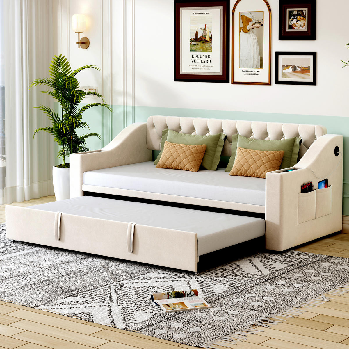 MULTIFUNKTIONSBETT 90/180 cm Beige mit USB-Ladeanschluss und Stauraum - Beige, Textil (90/180cm) - OKWISH