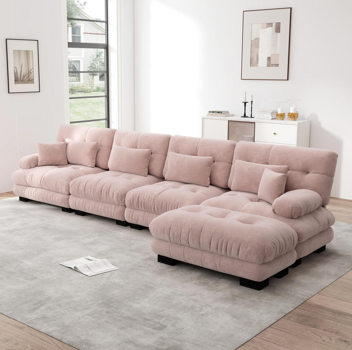 ECKSOFA 406/145/81 cm in Rosa aus Chenille mit Ottomanen - Pink, Textil (145/406cm) - Flora Grace