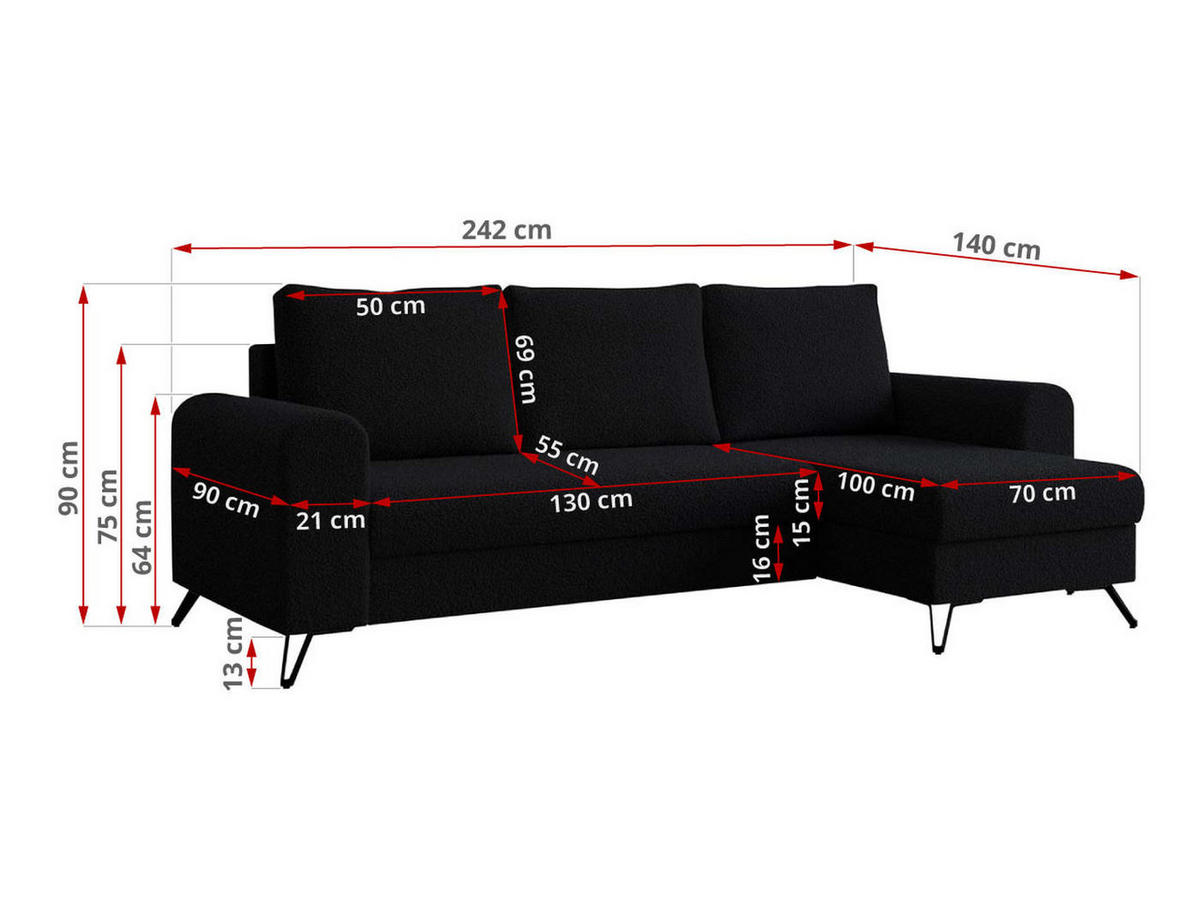 ECKSOFA Hugo Boucle Schwarz - Schwarz, Textil/Metall (242/140cm) - MKS