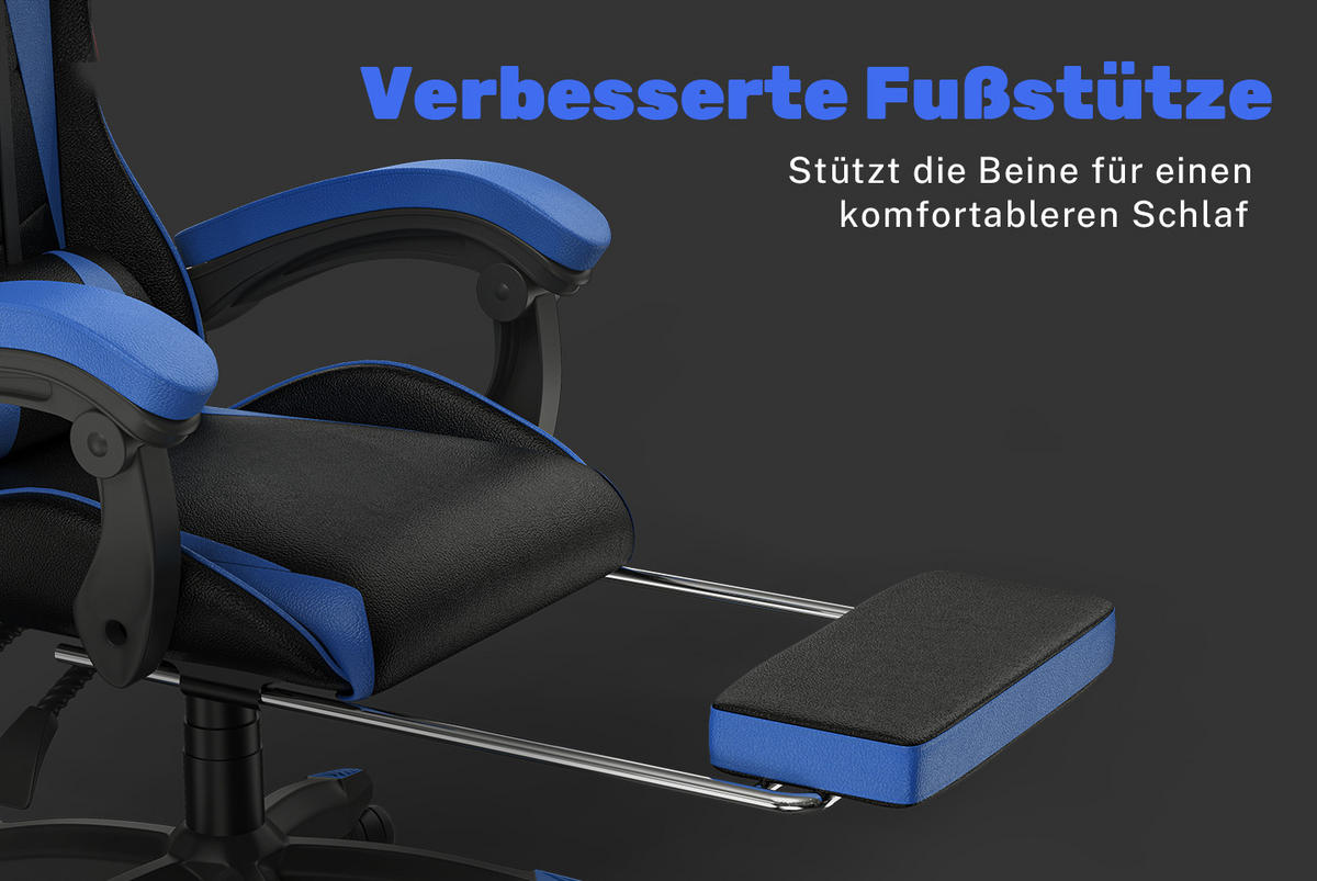 GAMING-STUHL höhenverstellbar, Fußstütze, Lendenkissen – Schwarz/Blau - Blau, Leder (50/134/50cm) - Rattantree
