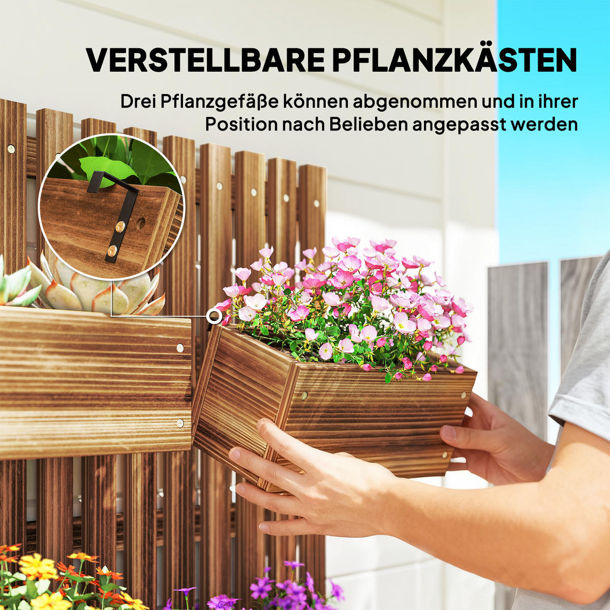 BLUMENKASTEN, Bewegliches Hochbeet, Pflanzkasten mit Spalier Massivholz Verkohlt - Braun, Holz (16/80/60cm) - Outsunny