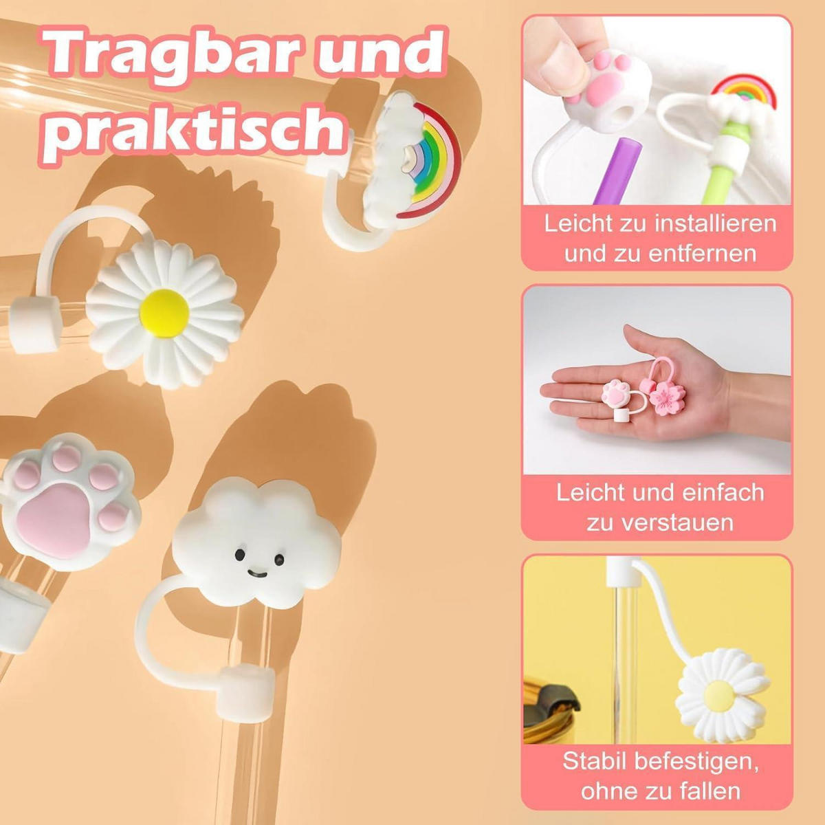 STROHHALM Abdeckung 8-teiliges Set Silikon für Stanley Cup - Multicolor, Kunststoff (3.3/2.5/3.7cm)