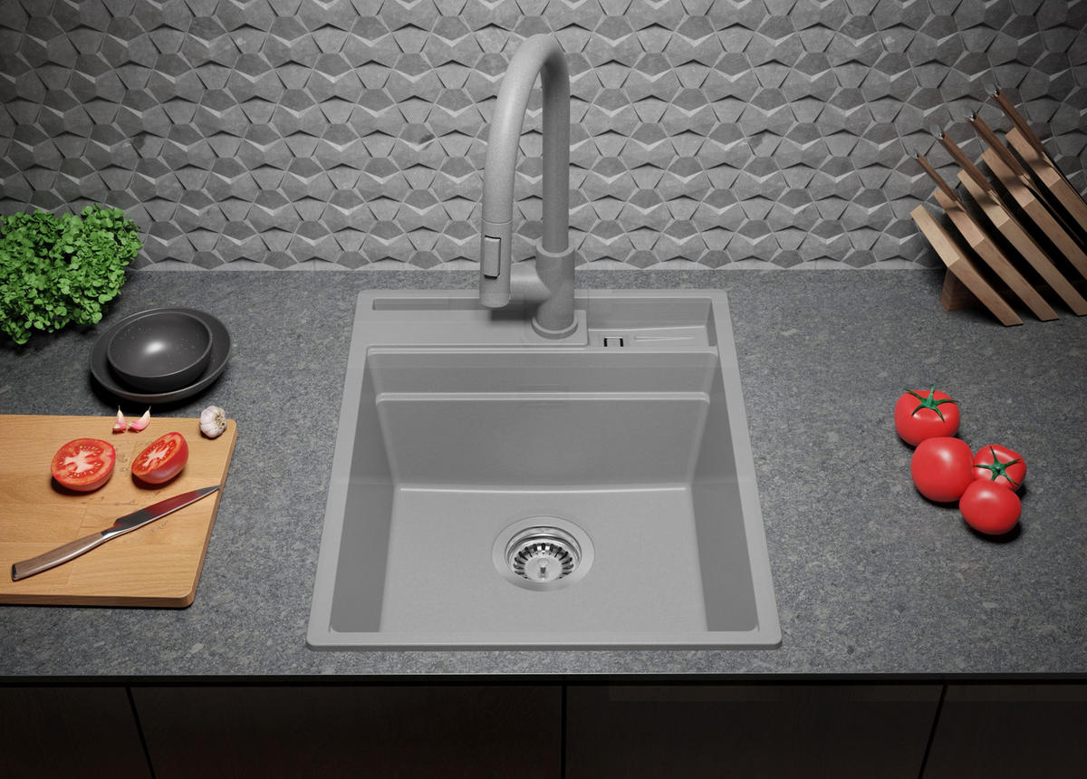 SPÜLBECKEN Oslo Pocket, 2-er set Grau 43/53 cm 1 Becken + Ablauf-Set + Küchenzubehörset ab 45er Unterschrank - Chromfarben/Beige, Kunststoff (43/20/53cm) - Primagran