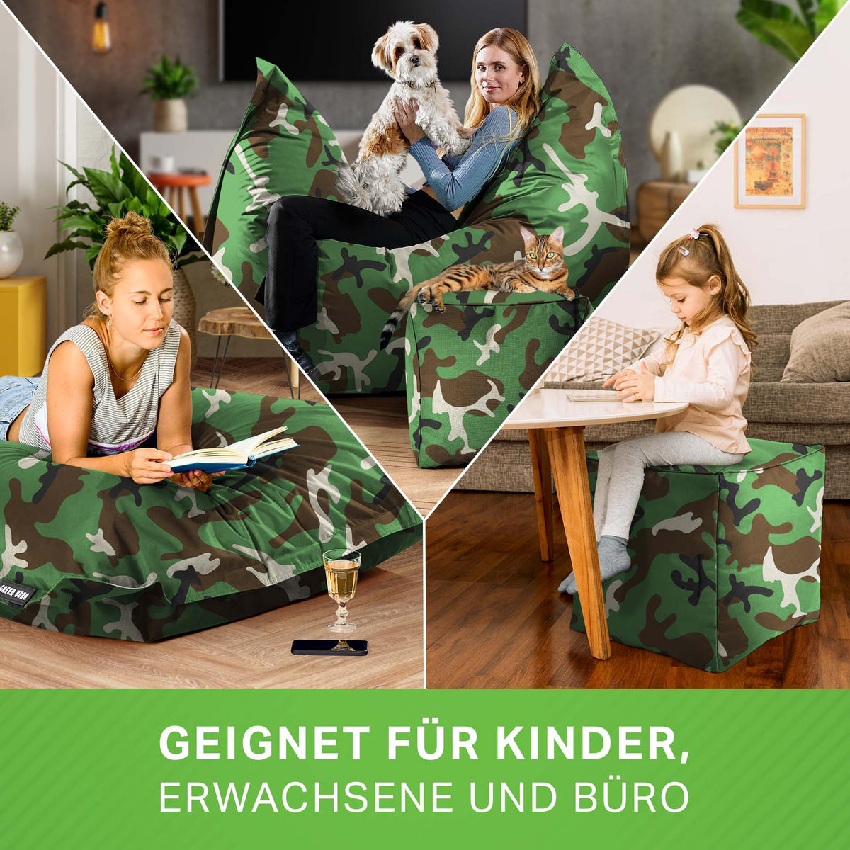 XXL-SITZSACK + Pouf 2er Set - 140x180cm - Braun/Grün, Textil (140/25/180cm) - Green Bean