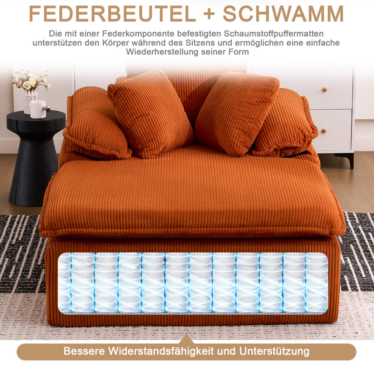 RECLINER Sofa Cord ergonomisch und ohne Montage 177/122/92 cm Orange - Orange, Textil (122/92/177cm) - Redom
