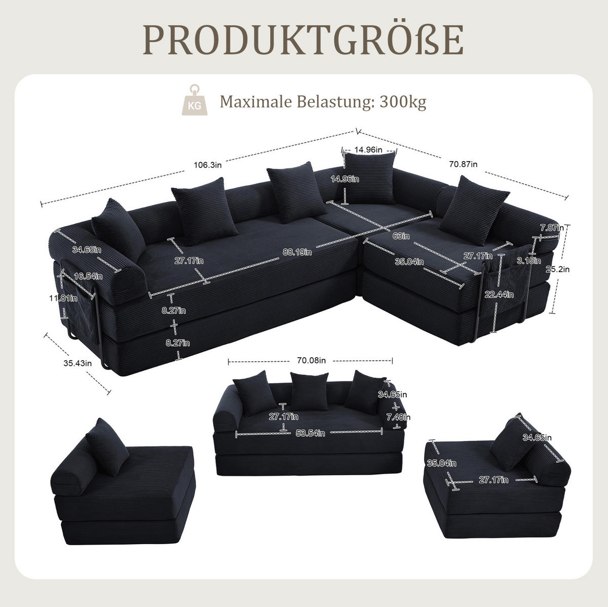 ECKSOFA 270/180/64 cm schwarz aus Cord modular mit Schlaffunktion - Schwarz, Textil (180/270cm) - OKWISH