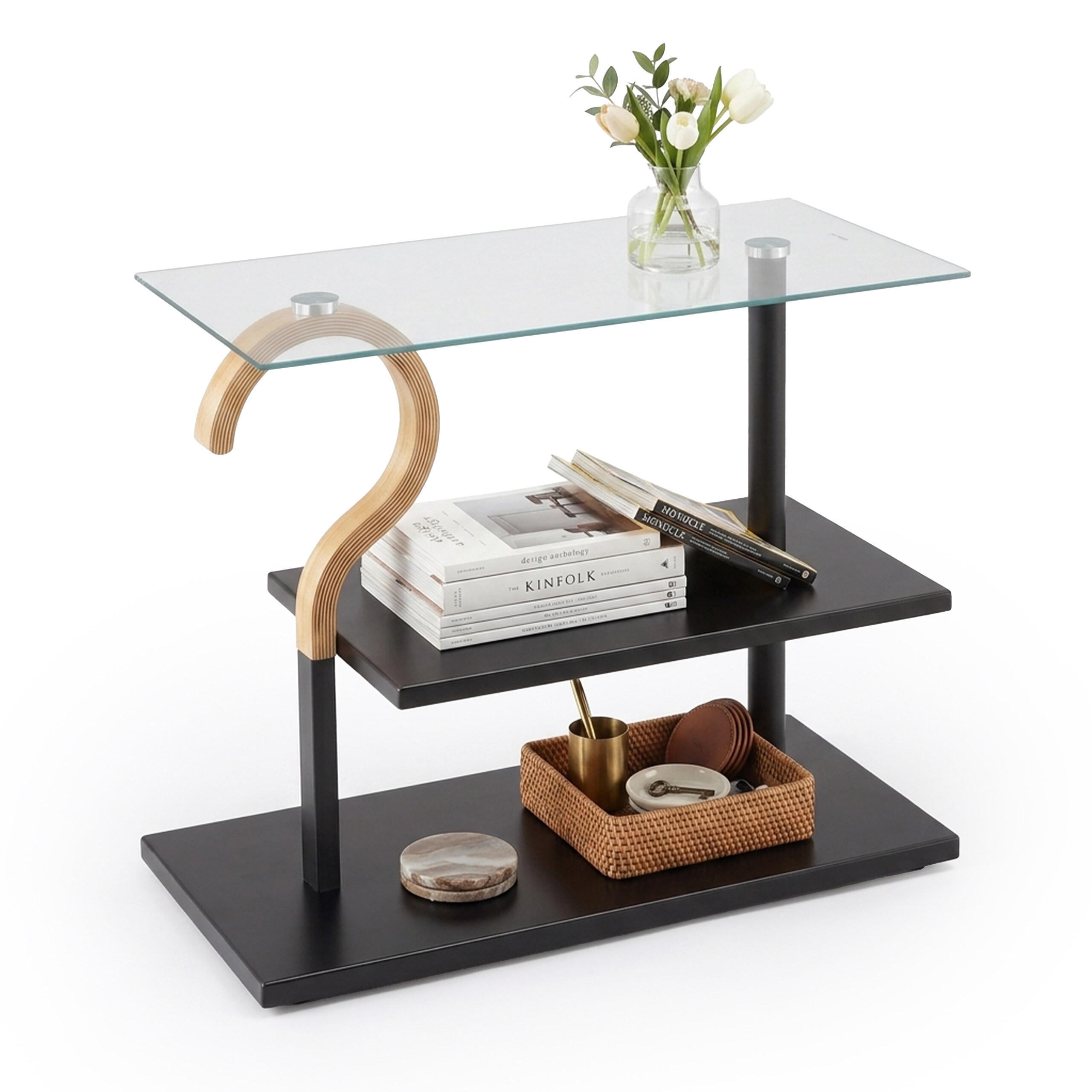 COUCHTISCH Schwarz Transparent Natur Glas mit Ablage - Multicolor, Glas/Holzwerkstoff (30/60/50cm) - Relaxdays
