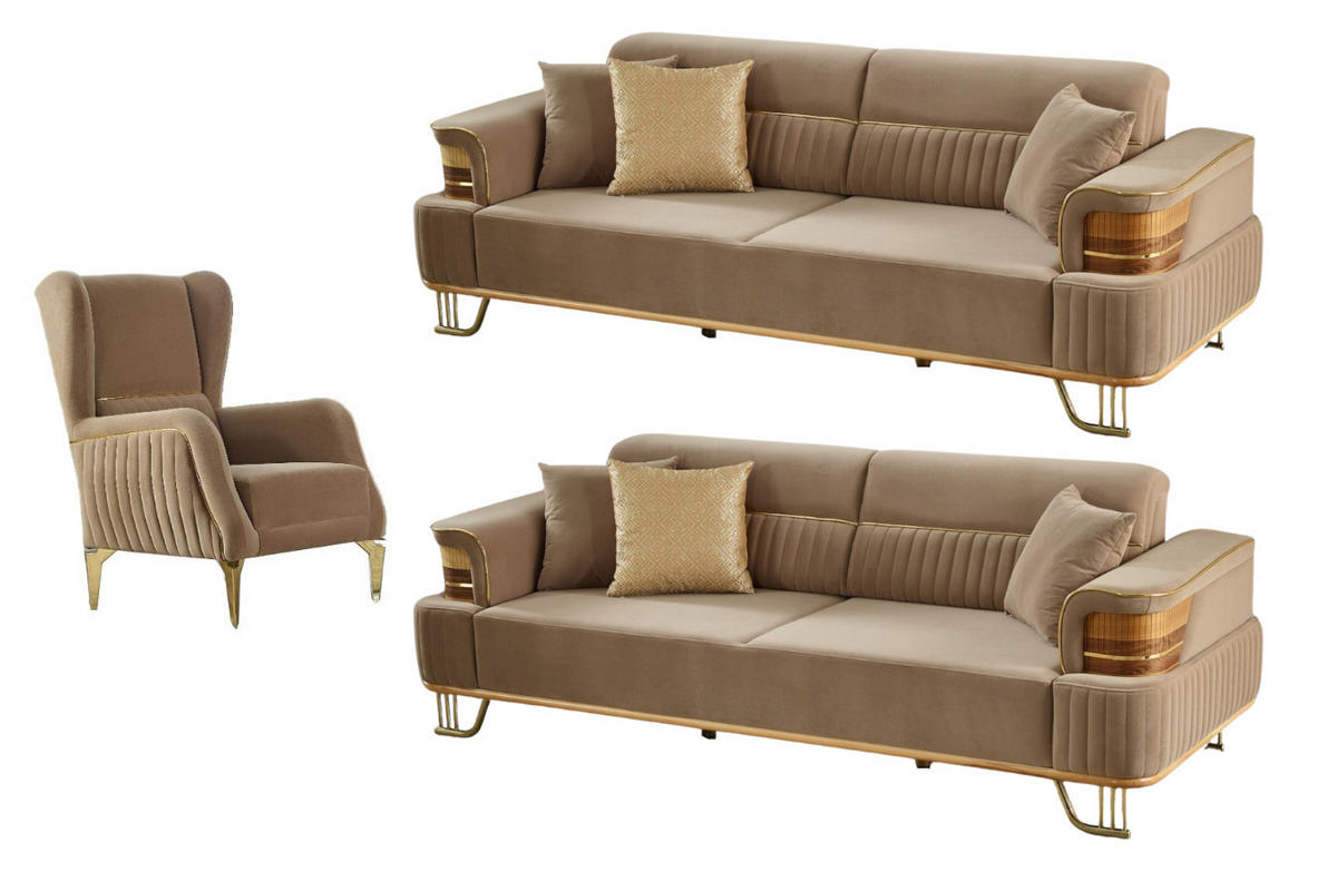 SITZGARNITUR Braga Hellbraun Stellvariante:3+3+1 - Beige, Holz (230/85/95cm) - Villa Möbel