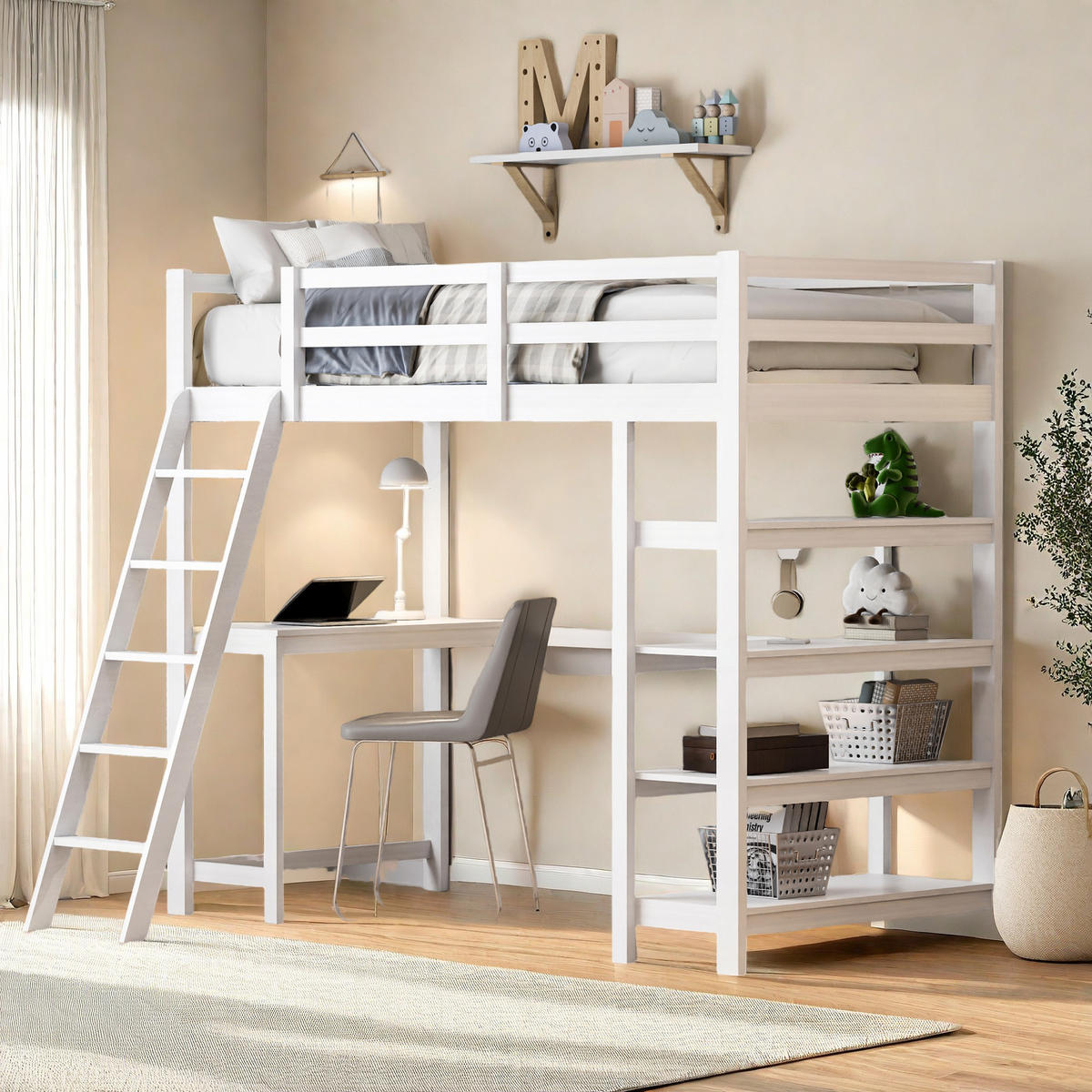 HOCHBETT 90x200 cm mit Schreibtisch & Regalen, Lattenrost, Weiß - Weiß, Holz