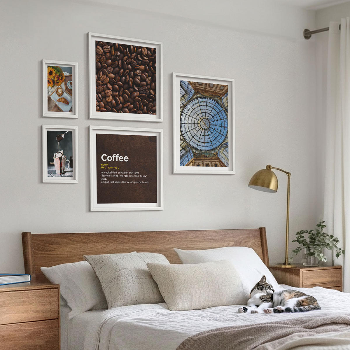 BILDER SET 5er Set - 50x50 cm & 20x30 cm & 40x60 cm Weißer Rahmen - Italienische Frühstückskaffeebohnen - Weiß, Kunststoff (40/60cm) - TULUP
