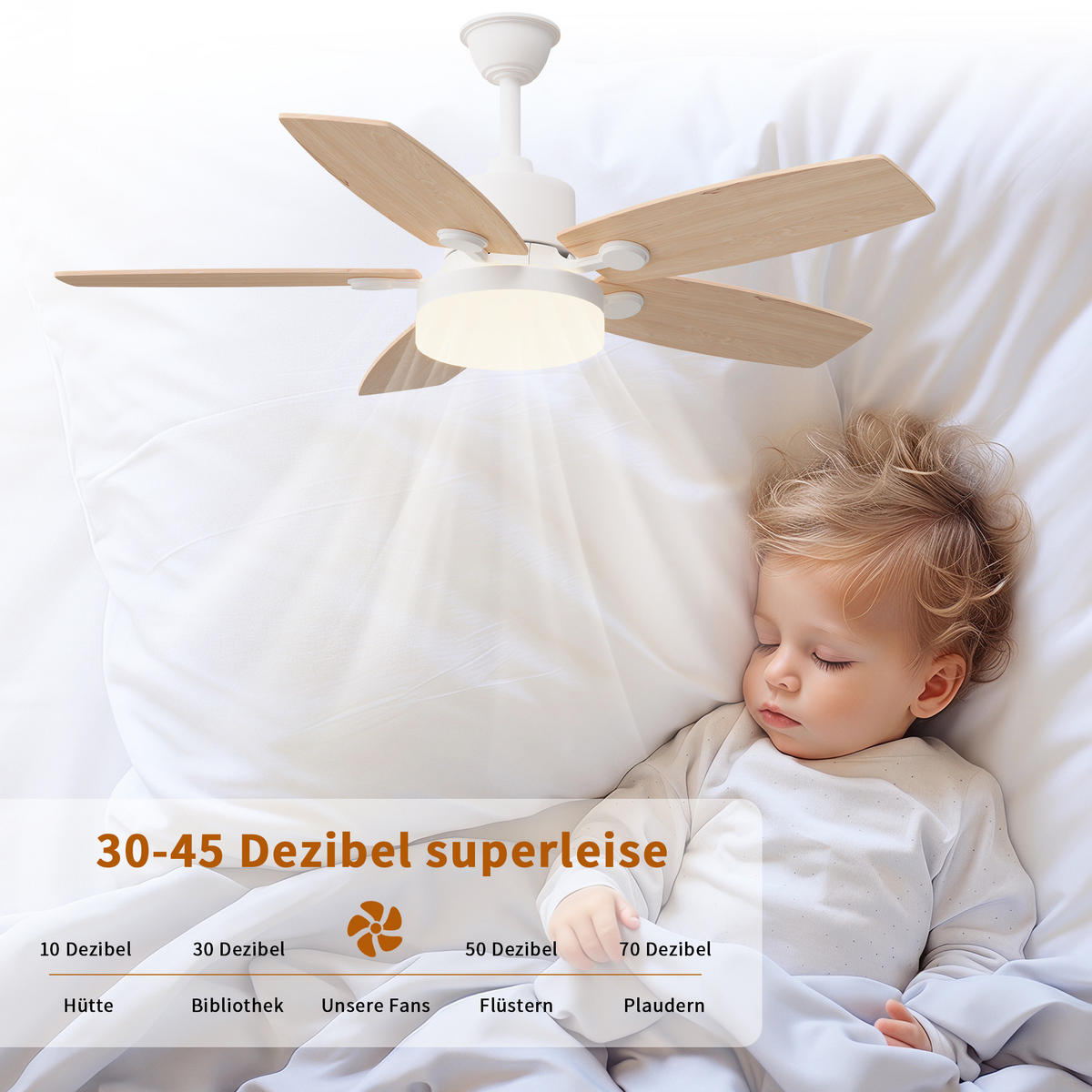 DECKENVENTILATOR mit LED-Licht, 106,6 cm, 5 Holzflügel, 6 Stufen & Timer - Naturfarben, Metall (106.6/106.6/39cm) - EuroLiving
