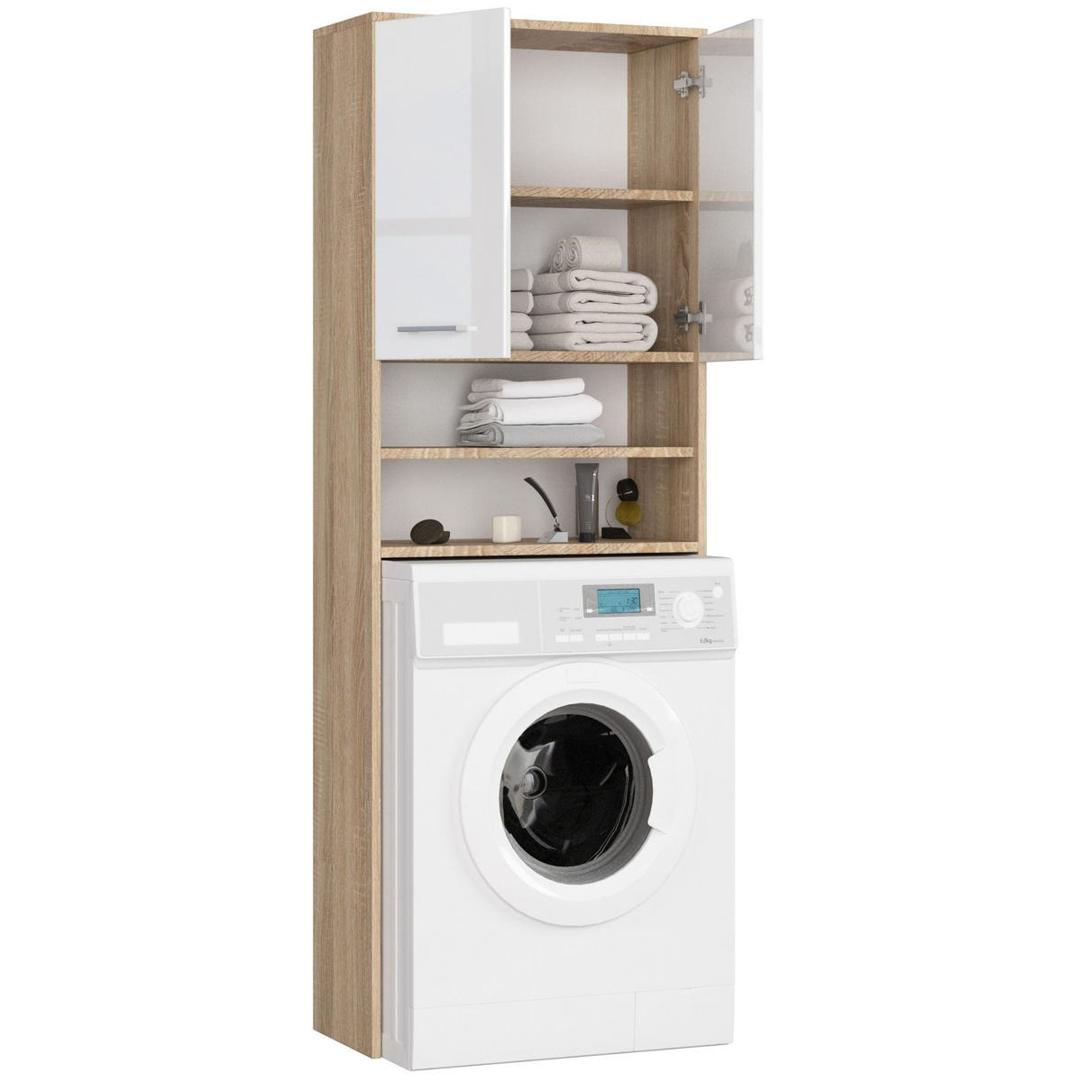 WASCHMASCHINENUMBAUSCHRANK mit zwei Türen, 64 × 30 × 190 cm Sonoma Eiche, Weiß - Weiß/Sonoma Eiche, Holzwerkstoff (64/180/30cm) - RAUMHIRSCH FURNITURE
