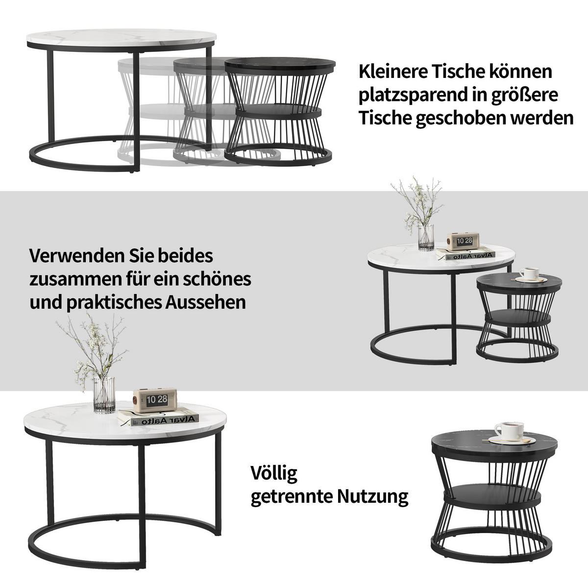 WOHNZIMMER tisch rund 2er Set, Couchtisch mit Marmoroptik für Wohnzimmer - Schwarz, Metall (70/70/45cm) - PARAFTA HOME