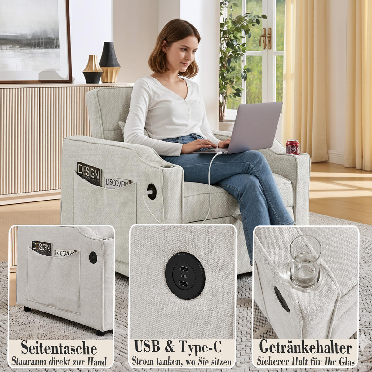 RELAXSESSEL 190/85/86 cm Beige mit USB-/Typ-C-Anschluss und Seitentasche - Beige, Textil (190/86/85cm) - Oxeza