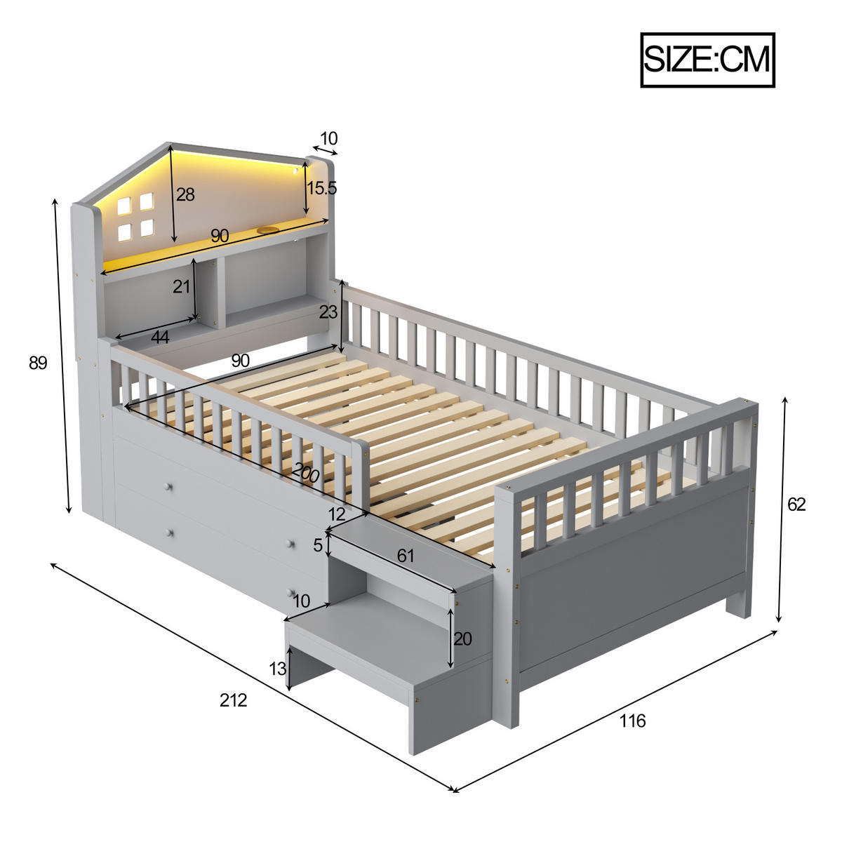 KINDERBETT 90/200 cm DE-01474, in Grau, mit 4 Schubladen, LED-Leuchten und Ladeanschlüssen - Grau, Holz (90/200cm) - ComfortXL
