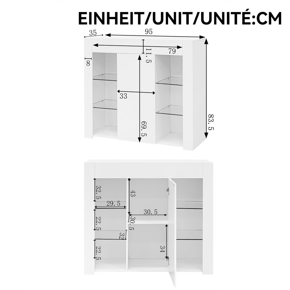 SIDEBOARD in Weiß mit Hochglanz-Front und Glasregalen, kompaktes Buffet mit Tür, 95/35/83 cm, Weiß - Weiß, Holzwerkstoff (95/83/35cm) - Redom