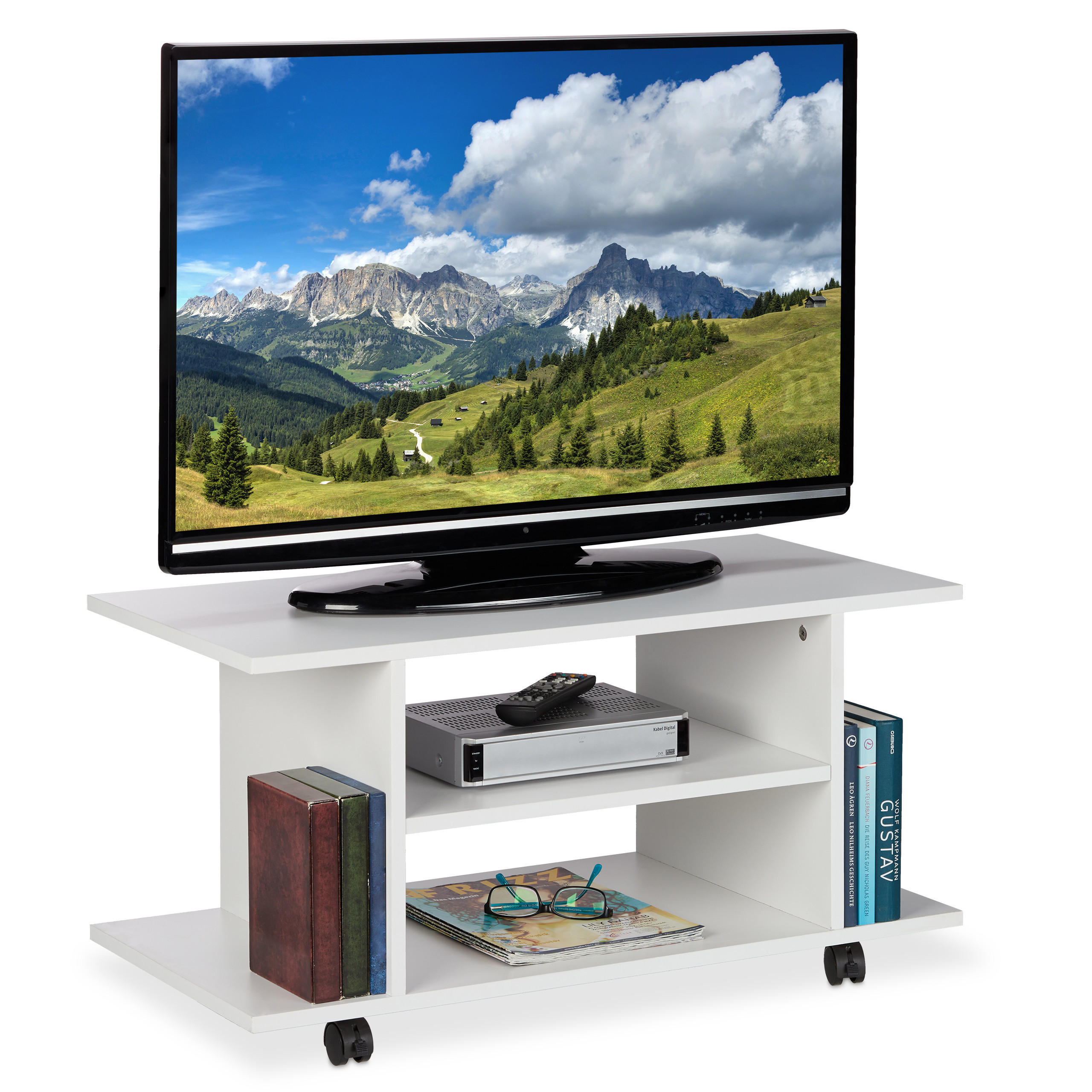 Relaxdays TV-STOLEK Bílý na kolečkách 80 cm