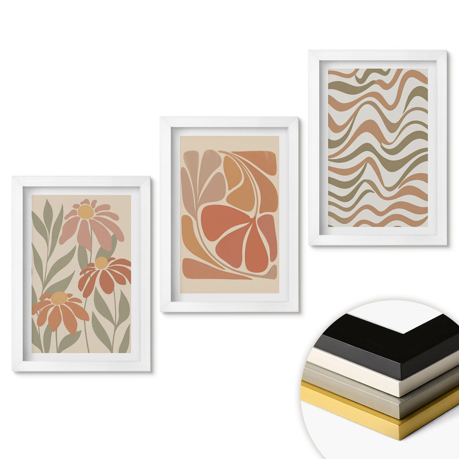 WANDBILDER 3er-Set - 20x30 cm Weißer Rahmen - Abstrakte Pastellblumen - Weiß, Kunststoff (20/30cm) - ArtPrintCave