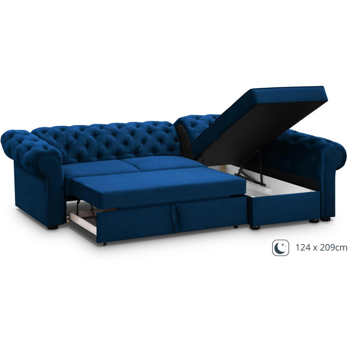 ECKSCHLAFSOFA Chester im Chesterfield-Stil, Dunkelblau, rechts - Schwarz/Dunkelblau, Textil (278/173cm) - Beautysofa