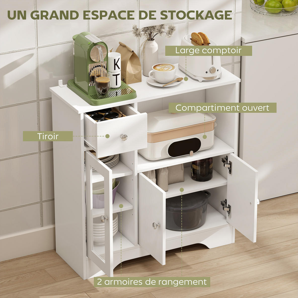 SIDEBOARD DE-11055 Glasfront, Schublade & verstellbare Böden Weiß - Weiß, Holzwerkstoff (80/82/30cm) - ComfortXL
