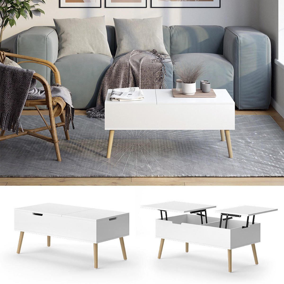 COUCHTISCH Riga Weiß 100 x 44 cm ausziebar - Weiß, Holzwerkstoff (50/100/44cm) - Vicco