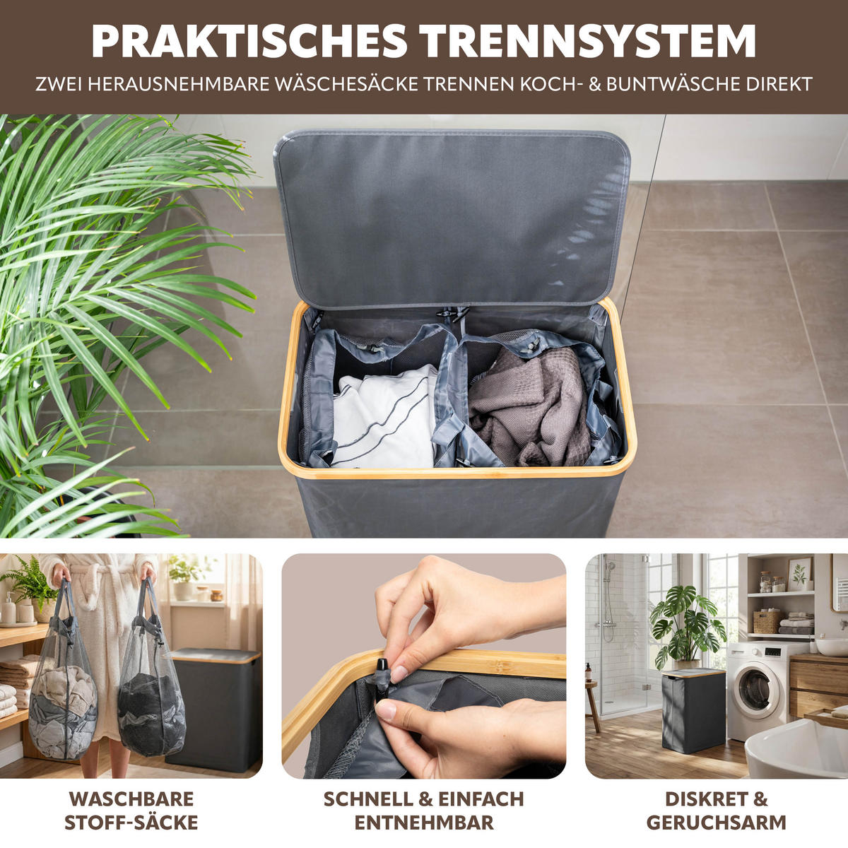 WÄSCHESAMMLER 145 Liter, grau - Grau, Textil (57.5/68/37.5cm) - bremermann