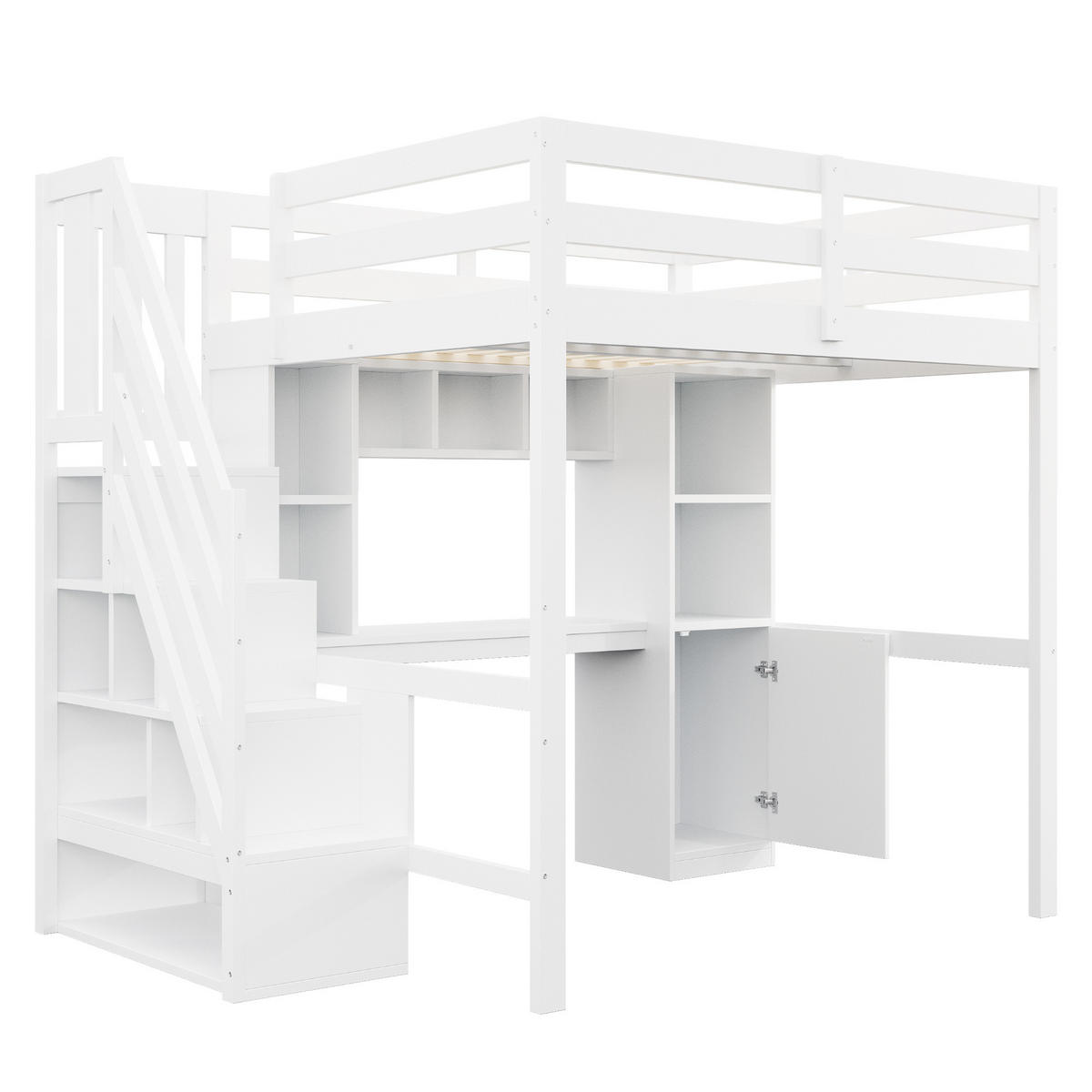 HOCHBETT 140x200cm Treppe Schreibtisch Stauraum LED Weiß - Weiß, Holz (140/200cm) - FLIEKS
