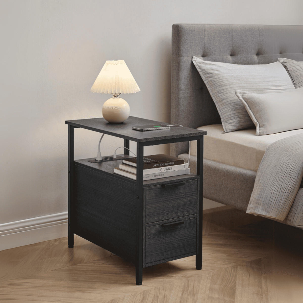 BEISTELLTISCH mit 2 Schubladen - H60 cm - Schwarz, Holzwerkstoff (35/60/60cm) - Calicosy