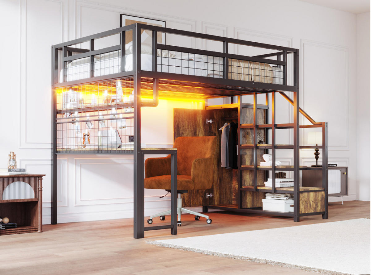 HOCHBETT 140/200 cm mit Stauraumtreppe, Kleiderschrank, Schreibtisch, Regal, Lichtleiste und Steckdose, Schwarz - Schwarz, Holzwerkstoff (140/200cm) - Redom
