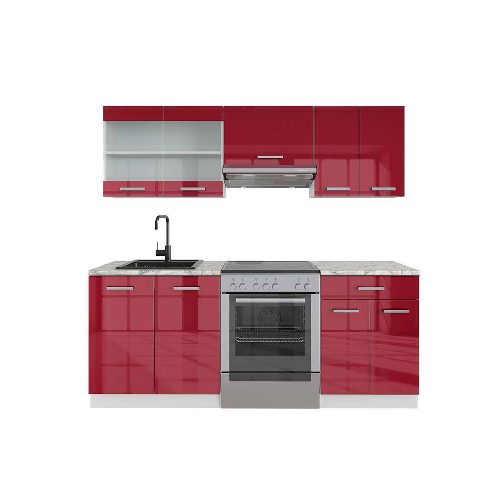 KÜCHENZEILE R-Line Rot Hochglanz/Weiß 200 cm , AP Marmor - Rot/Weiß, Holzwerkstoff (200/81.6/60cm) - Vicco