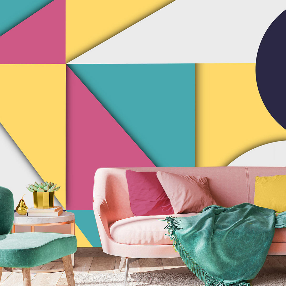 FOTOTAPETE, Geometrische Abstrakt Gelb Rosa Türkis 250x175 - Türkis, Textil (250/1cm) - Feeby