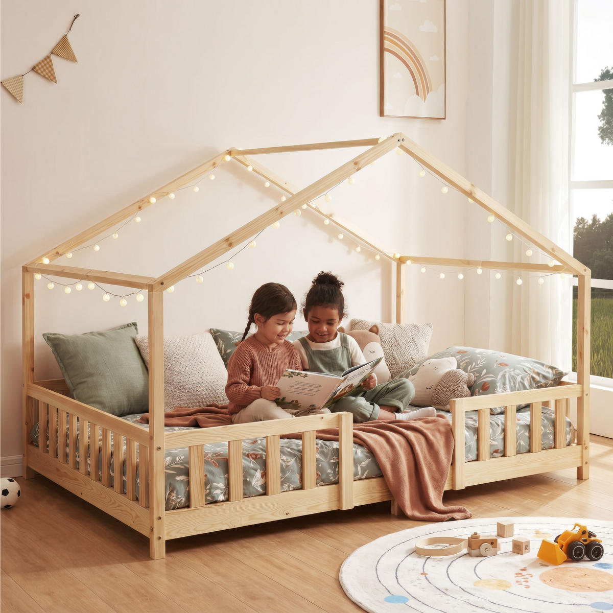 HAUSBETT Treviolo mit Matratze - Naturfarben, Holz/Textil (140/200cm) - [en.casa]