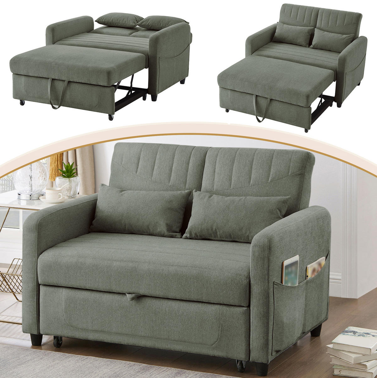 SCHLAFSOFA mit Liegefläche 95/166 cm – 3-fach verstellbar - Olivgrün, Textil (77/82.5/114cm) - BEAOK